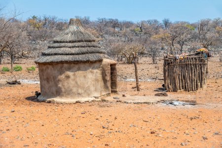 Foto de Una vista de los edificios tradicionales en un pueblo de la tribu Himba en Namibia en la estación seca - Imagen libre de derechos