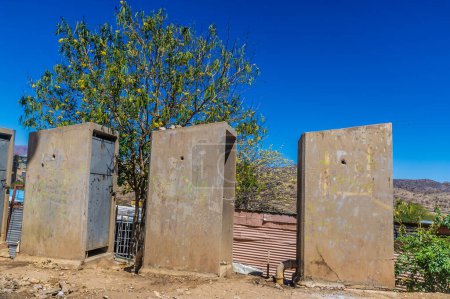 Photo for A view of communal toilets in an informal settlement in Windhoek, Namibia in the dry season - Royalty Free Image