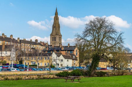 A view across the Riverside Park towards Saint Marys Church in the town of Stamford, Lincolnshire, UK in winter