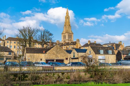 A view across the River Welland towards Saint Marys Church in Stamford, Lincolnshire, UK in springtime