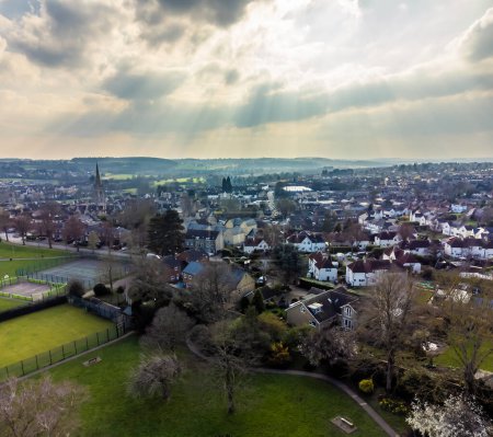 An aerial view towards the town of Stamford, Lincolnshire, UK in springtime