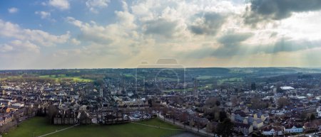 A panorama aerial view towards the town of Stamford, Lincolnshire, UK in springtime