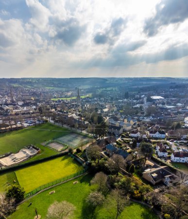 An aerial view across a park towards the town of Stamford, Lincolnshire, UK in springtime