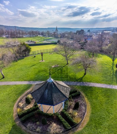 An aerial view across a park on the outskirts of Stamford, Lincolnshire, UK in springtime