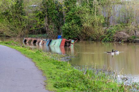 A view towards a canal boat wreck on the Grand Union Canal in Aylestone Meadows, Leicester, UK in Springtime