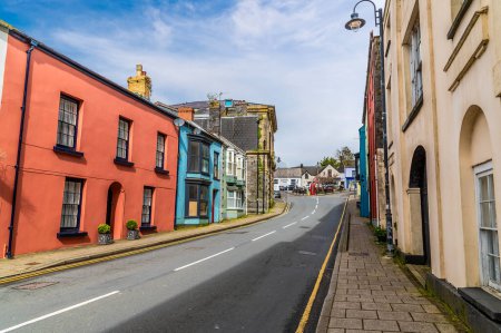 A view past colourful houses towards the town centre in Narberth, Pemborkeshire, Wales in Springtime