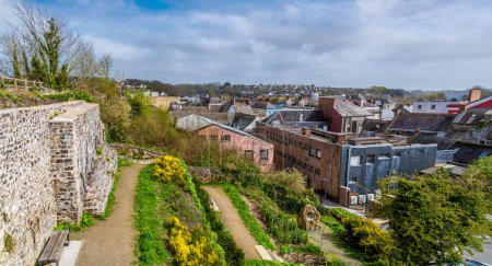 A view from the castle ruins across the rooftops in Haverfordwest, Pembrokeshire, Wales on a spring day