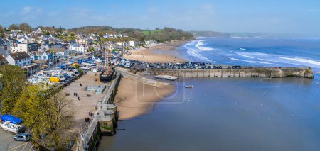 A panorama view over Saundersfoot village, harbour and beach in Wales on a bright spring day