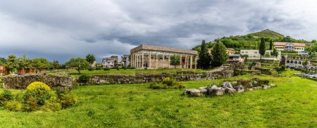 A panorama view across the ancient city ruins of Lissu, the Skanderbeg memorial and the castle in Lezhe, Albania in summertime
