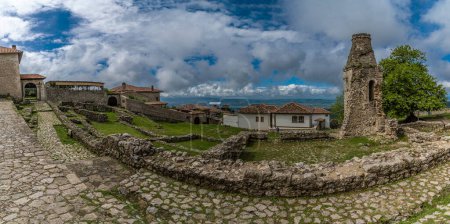 A fish eye view across the ruins of  the Castle at Kruja, Albania in summertime