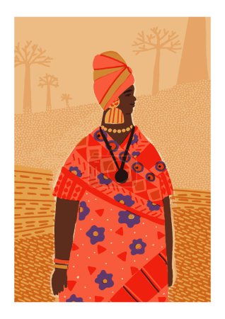 Téléchargez les illustrations : Affiche du festival de la culture africaine, bannière de l'événement, pancarte, facture de spectacle. Femme africaine en vêtements traditionnels se tient en arrière-plan avec un paysage du désert avec des baobabs. Illustration vectorielle. - en licence libre de droit