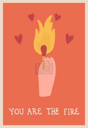Illustration for A hand holds a burning match with flaming hearts and lettering You Are The Fire. Funny retro-style Valentines Day greeting a5 card design. Cute vector illustration. - Royalty Free Image