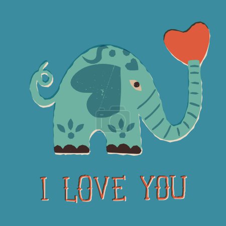 Ilustración de Divertida tarjeta de estilo retro de San Valentín. Un elefante lindo sosteniendo un corazón, te amo las letras de la mano te amo. Ilustración dibujada a mano vectorial. - Imagen libre de derechos