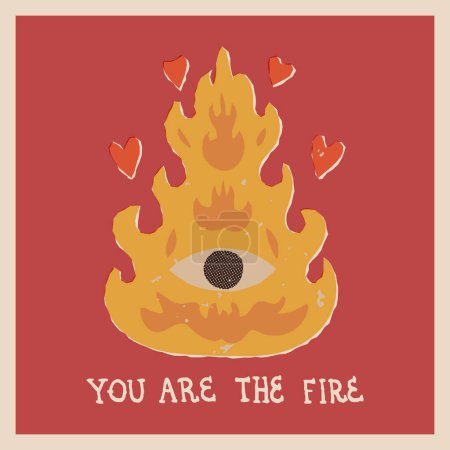 Illustration for Esoteric bonfire with flaming hearts, eye in the middle. You are the Fire hand lettering. Funny retro-style Valentines Day greeting card. Cute vector illustration. - Royalty Free Image