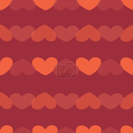 Illustration for Valentines day retro-style seamless pattern. Various vintage-style textured hearts on a scarlet background. Vector illustration for wrapping paper, wallpaper, fabric print, and other designs. - Royalty Free Image