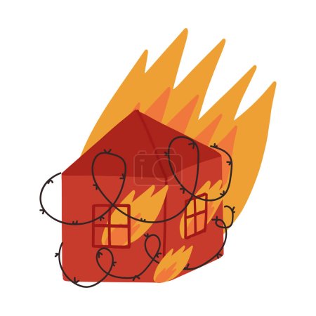 Illustration for Burning house in barbed wire on fire. The concept of a lost home, totalitarianism and political prisoners, forced refugee, and psychological trauma of the witness. Vector isolated illustration. - Royalty Free Image