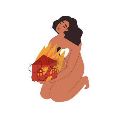 Illustration for A young naked woman cries and holds a burning house in barbed wire on fire. The concept of a lost home, totalitarianism and political prisoners, forced refugee, and psychological trauma of the witness - Royalty Free Image