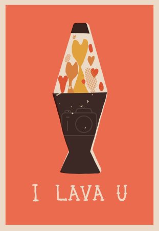 Ilustración de Diseño de tarjetas de felicitación de San Valentín de estilo retro. Una lámpara de lava con corazones trozos de lava, y letras de mano I Lava You. Ilustración dibujada a mano vectorial. - Imagen libre de derechos