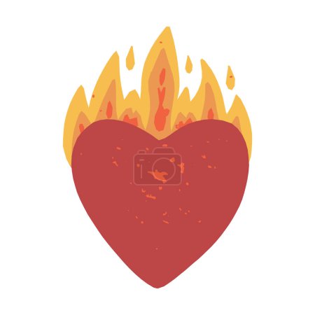 Illustration for A retro-style flaming heart with fire. Symbol of love. Valentines day vintage-style nostalgic design. Vector isolated illustration. - Royalty Free Image