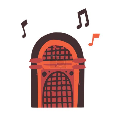 Illustration for A cute retro jukebox, playing old songs, a musical juke machine, dance apparat with musical notes flying nearby. Vector isolated hand-drawn illustration. - Royalty Free Image