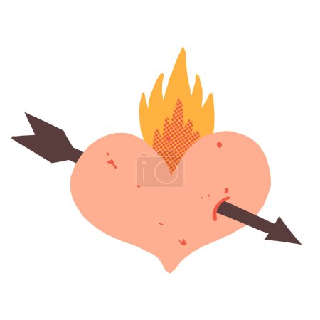 Illustration for A retro-style flaming heart with fire pierced with an arrow. Symbol of love. Valentines day vintage-style nostalgic design. Vector isolated illustration. - Royalty Free Image