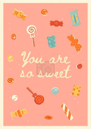 Cute sweets set, retro postcard, banner, poster design. Various candies, candy canes, lollipops, chocolate bars, and bonbons, You are so sweet text. Vector hand-drawn vintage style illustration.