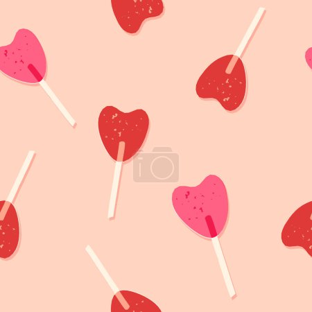 Illustration for A cute heart-shaped lollipop seamless pattern, sweets, candies backdrop. Funny retro-style Valentines Day vector repeat for fabric, textile, wrapping paper, wallpaper design. - Royalty Free Image