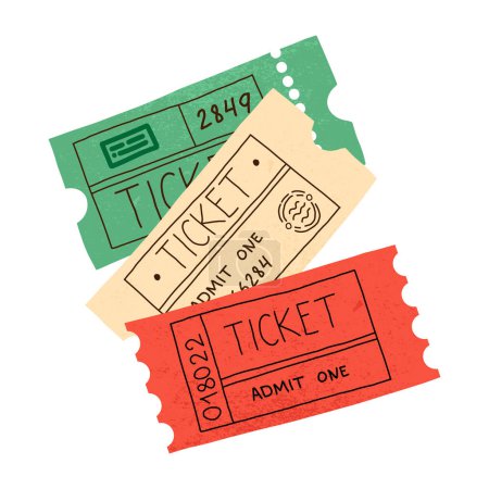 Illustration for Various retro coupons or vintage event tickets with hand lettering Admit one, numbers, and stamps. Entertainment paper voucher, entry pass. Cute vector isolated collection. - Royalty Free Image