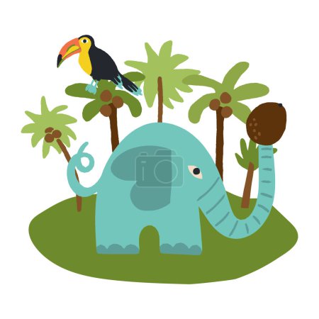 Ilustración de Linda escena de la isla tropical con una mazorca de elefantes sosteniendo en un tronco un coco y un tucán en una palmera. Explora, viaja, vida paradisíaca, símbolo de aventuras. ilustración infantil dibujada a mano. - Imagen libre de derechos