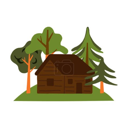 Illustration for A country house in a meadow surrounded by trees, pines, and spruces. Rural landscape with a forester cottage in the woods. Vector hand-drawn nature scene illustration with a farmhouse. - Royalty Free Image
