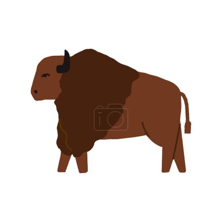 Illustration for American Buffalo, South American wild bull side view, European bison animal in flat style. Hand-drawn vector illustration on isolated background. - Royalty Free Image