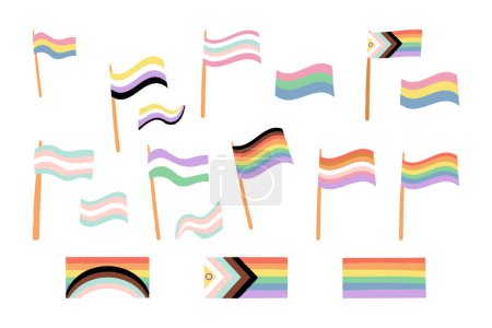 Illustration for LGBTQ plus community flags collection. Waving in the wind rainbow flag, transgender, non binary person, gender queer, lesbian, pansexual people symbols. Celebration Pride Month. Vector flat icon set. - Royalty Free Image