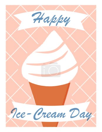 Illustration for Happy Ice Cream Day greeting card retro-style design. Scoop of Vanilla taste ice cream or gelato in a waffle cone. Vector illustration with mid-century vibes. - Royalty Free Image