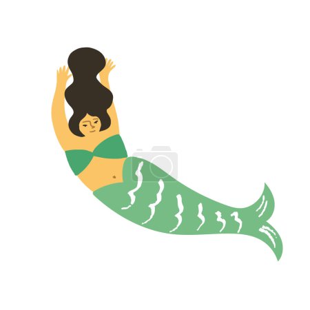 Illustration for A cute Oriental mermaid dancing with her hands up under her head, an Asian seamaid woman enjoys her life, yay, happily swimming. Mythical fairytale creature, hand-drawn vector isolated illustration. - Royalty Free Image