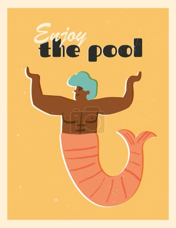 Illustration for Cute athlete, a chubby African Merman, Enjoy the pool motto, text. Retro-style summer advertising poster, Merman art print, ad banner. Summer swimming, beach vacation concept. - Royalty Free Image