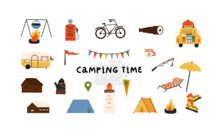 Viajar, acampar vacaciones colección retro, recreación al aire libre, exploradores cosas vector conjunto. Una tienda de campaña turística, un faro, una caravana móvil, un coche con un barco en la parte superior, botas de escalada, una chimenea
