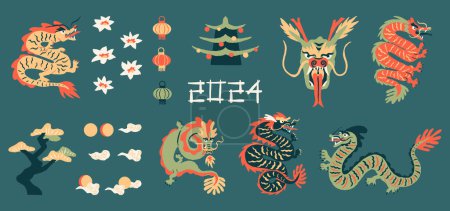 Ilustración de Oriental chino verde dragones de madera clipart vector conjunto, Nuevo 2024 Año. Árbol de Navidad decorado en forma de casa tradicional asiática de Siheyuan, lirios, árboles, nubes y sol, linterna de papel. - Imagen libre de derechos