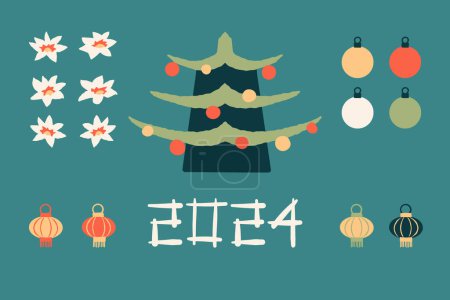 Ilustración de Oriental chino nuevo 2024 Año celebración clipart vector conjunto. Árbol de Navidad decorado en forma de una casa tradicional asiática de Siheyuan, lirios, linternas de papel, adornos de árboles de Navidad, 2024 letras - Imagen libre de derechos