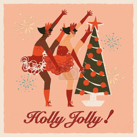 Illustration for Cute dancing cabaret girls, happy ladies dance at the Christmas party near the Christmas tree, New Year party masquerade with fireworks. Holly Jolly greeting. Retro midcentury style vector card design - Royalty Free Image