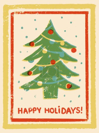 Illustration for Happy Holidays, New Year retro greeting card decorated with ornaments Christmas tree, and hand lettering. Cute vintage festive print, vector mid-century style screen printing imitation postcard design - Royalty Free Image