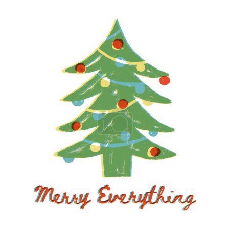 Illustration for Merry Everything, New Year retro greeting card. Decorated with ornaments Christmas tree. Cute vintage festive print, vector mid-century style screen printing imitation postcard design. - Royalty Free Image