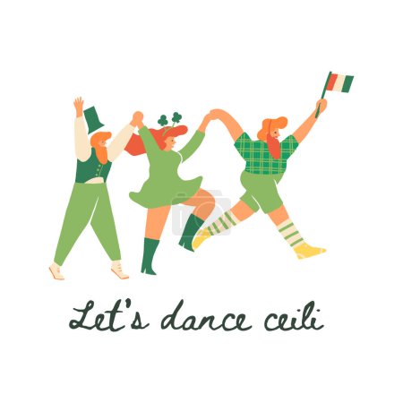 Ilustración de Gente irlandesa alegre en ropa verde con tréboles y la bandera de Irlanda bailando alegremente el baile de Ceiligh. Celebrando la fiesta cultural irlandesa, Saint Patricks Day estampado de camisetas, diseño de tarjetas de felicitación - Imagen libre de derechos