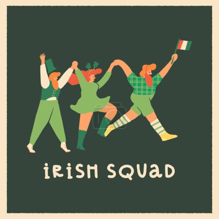 Ilustración de Irlandeses alegres, gente feliz en ropa verde con tréboles y la bandera de Irlanda bailando alegremente el baile Ceilidh. Celebrando la fiesta cultural irlandesa, diseño de tarjetas de felicitación del día de San Patricio - Imagen libre de derechos