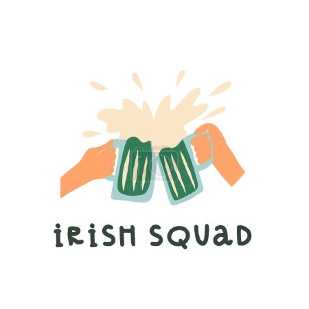 Dos manos tintinean vasos de cerveza llenos de cerveza verde. Tradicional bebida irlandesa para el Día de San Patricio. Celebrando la fiesta cultural irlandesa, el diseño de la tarjeta de felicitación del día de San Patricio con letras de escuadrón irlandés