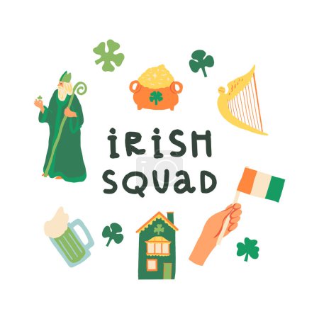 Irish squad Saint Patricks Day card. Saint Patrick, Leprechauns gold pot, a harp, a green beer, Traditional Irelands home, shamrocks, three- and four-leaf clover, the hand holds Ireland Flag.