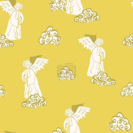 Praying angels seamless pattern on lemon yellow background. Easter background, Catholicism backdrop, Christianity repeat, modern faith and destiny concept.