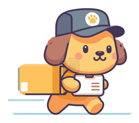 Photo for Cute cartoon delivery dog with cap carrying package. Friendly courier dog character delivering parcel, cheerful illustration for kids. Delivery service, pet mascot vector illustration. - Royalty Free Image