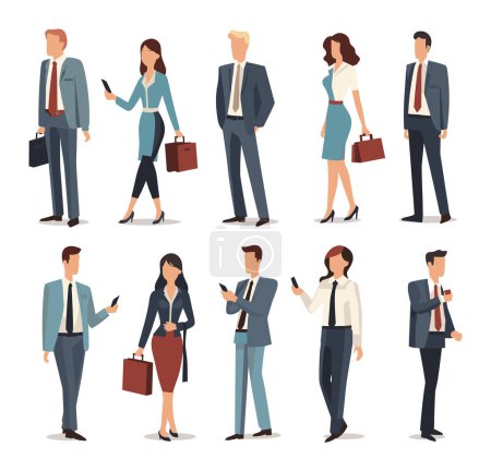 Photo for Diverse group of professional men and women standing with smartphones. Business attire, office workers communicating via mobile devices vector illustration. - Royalty Free Image