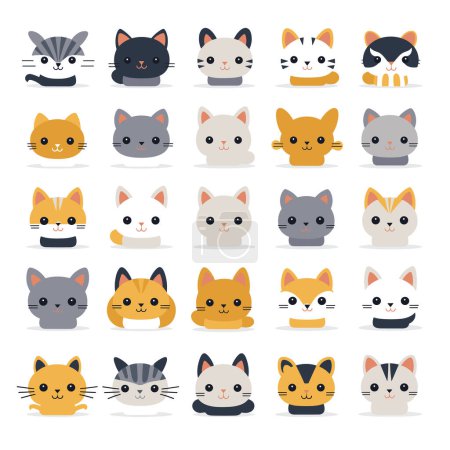 Téléchargez les illustrations : Une collection de visages mignons et divers de chat de dessin animé est affichée dans une illustration vectorielle. - en licence libre de droit