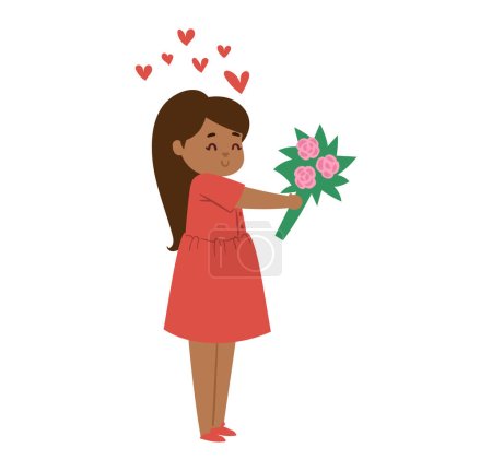 Téléchargez les photos : Jeune fille en robe rouge tenant un bouquet de fleurs roses, coeur d'amour au-dessus de la tête. Enfant exprime bonheur et affection, fleurs cadeaux illustration vectorielle. - en image libre de droit